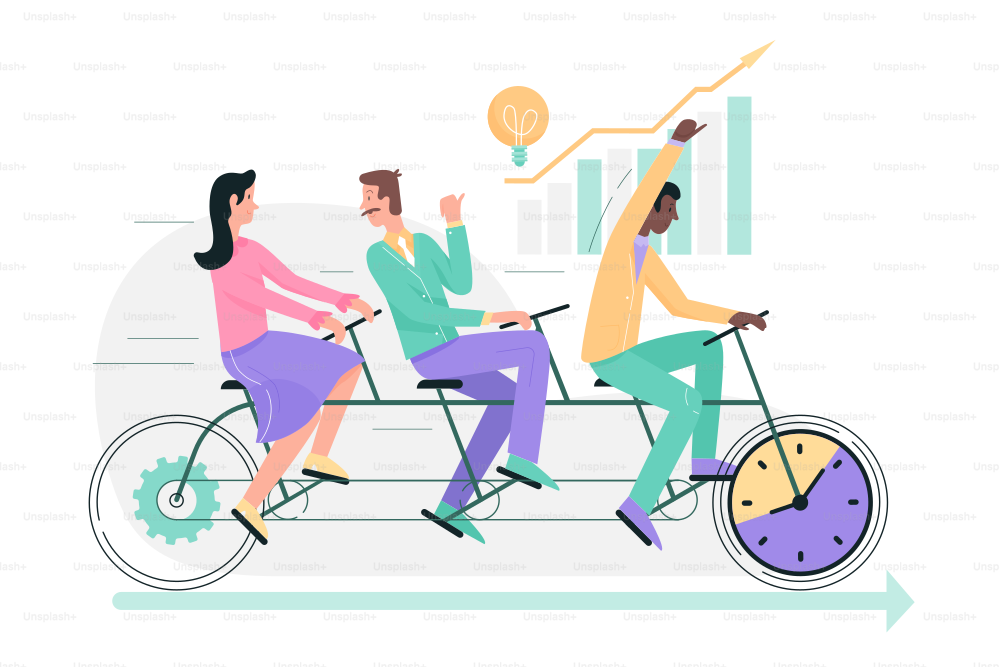 Collective teamwork, creative business people ride tandem bike together. Speed race achievement of happy employees team with leader flat vector illustration. Entrepreneurship, synchronization concept