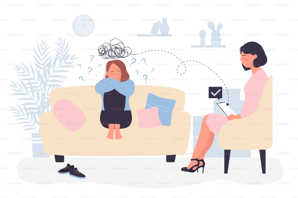 Conversation of professional psychologist and patient in office. Woman counseling sad girl sitting on sofa and talking about problem flat vector illustration. Mental health, psychology concept