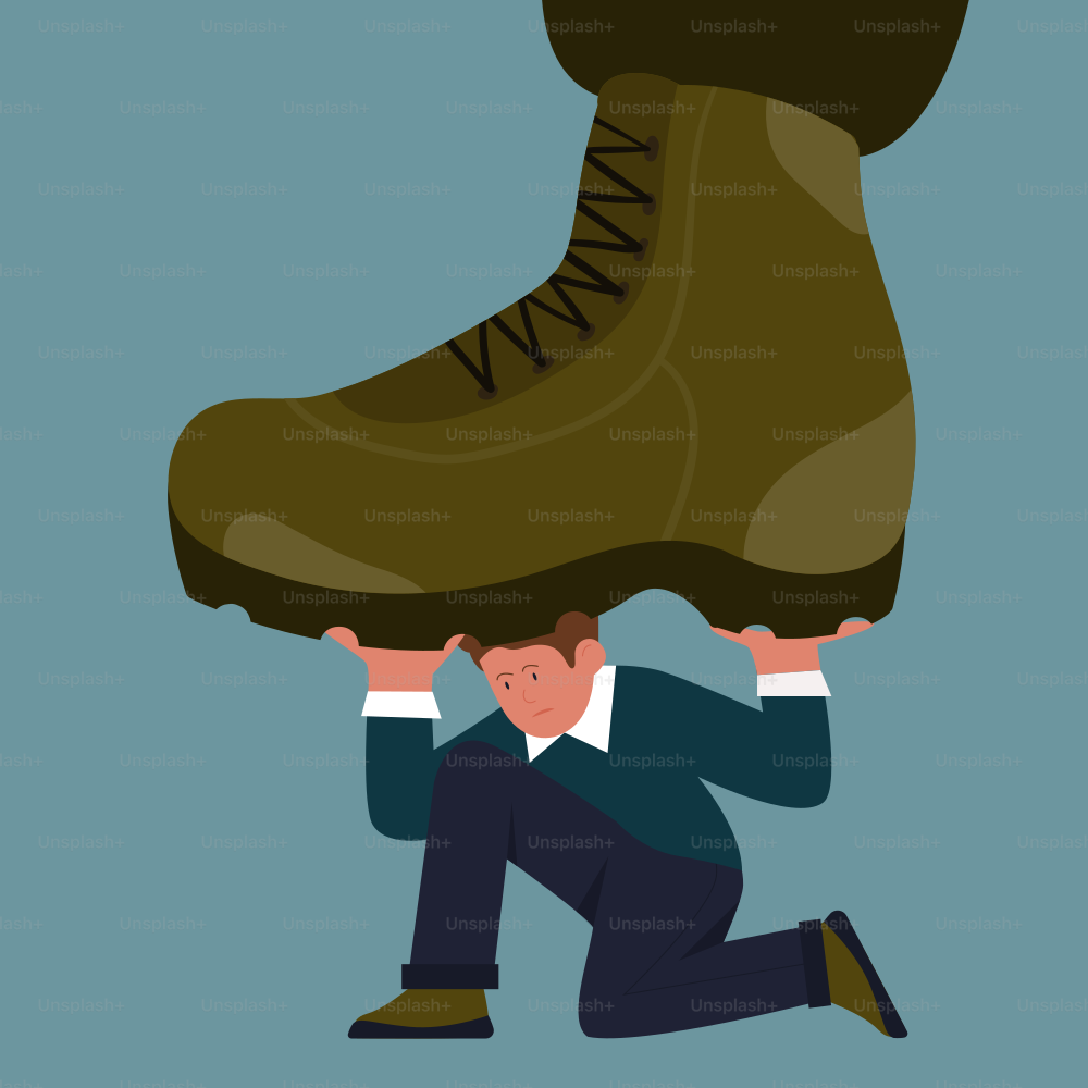 Businessman under giant military boot of army soldier. Violence of dictators towards tiny man, big shoes crush business people flat vector illustration. Freedom, tyranny, dictatorship concept