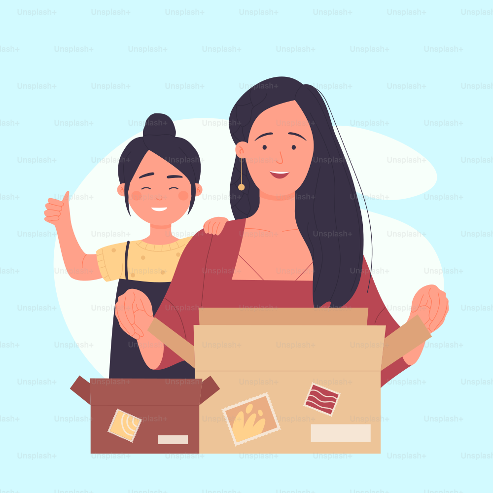 Happy family characters open cardboard box, customers receive package with surprise vector illustration. Cartoon mother and daughter unboxing online order with goods background. Gift service concept