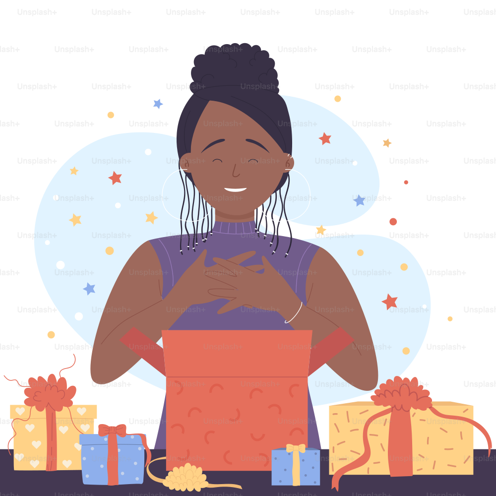 Happy girl unpacking cardboard boxes with ribbons. Cartoon female customer standing among stars and confetti to open package with presents flat vector illustration. Delivery, gift service concept