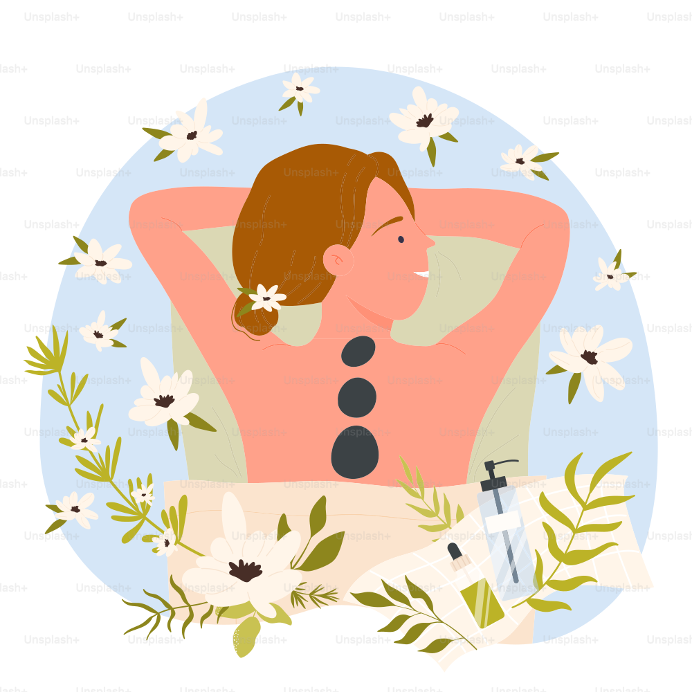 Happy girl lying during beauty spa treatment and massage with stones among white flowers and plants. Wellness and relax of sleeping cute woman flat vector illustration. Health, therapy concept