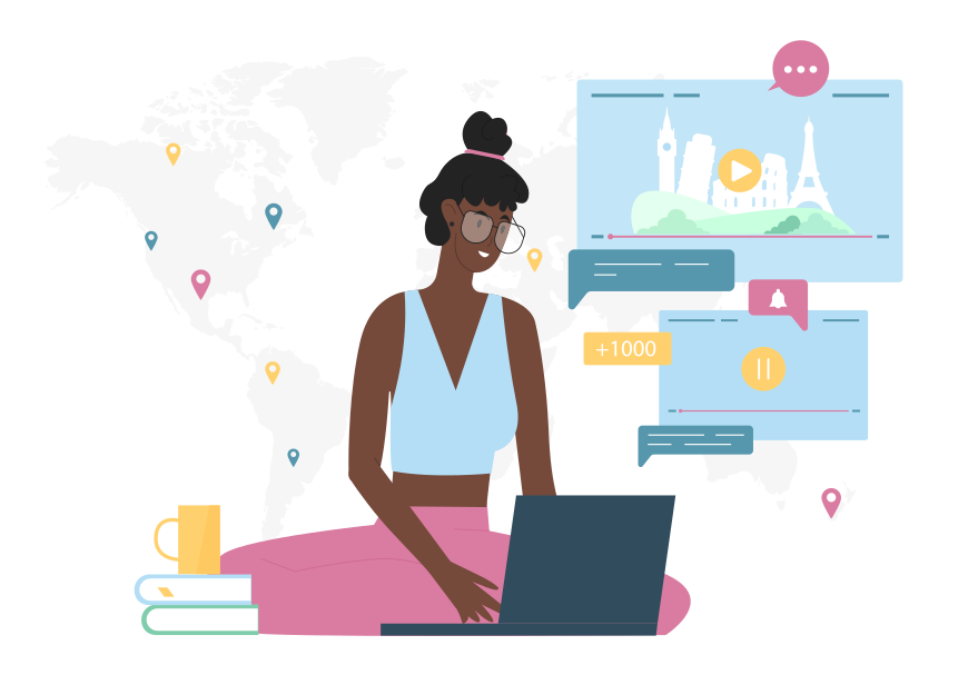 Mädchen schaut einen Video-Reisekanal. Junge Person sitzt mit dem Laptop, um Online-Inhalte von Vlogger-Touristen auf dem Bildschirm zu sehen und Kommentare mit flacher Vektor-Illustration zu hinterlassen. Tourismus, Einflusskonzept