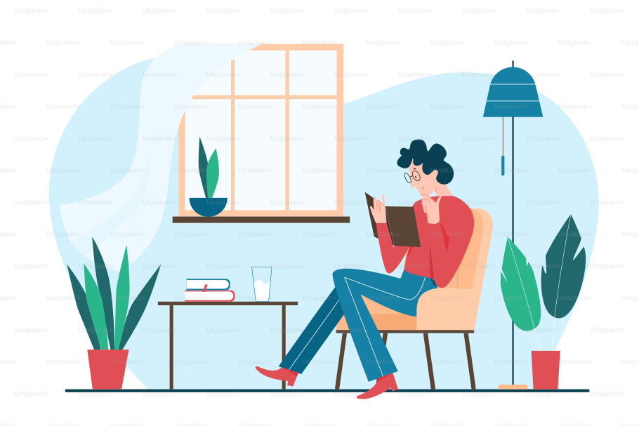 Young man sitting in comfort chair to read book in home living room interior with flowers, window, table and lamp. Reader character with glasses flat vector illustration. Self education time concept