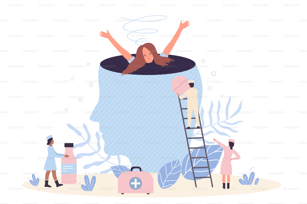 Care, help and support for mental disorders and trauma. Cartoon crying girl drowning in depression swamp of abstract human head, group of tiny doctors holding medicines flat vector illustration