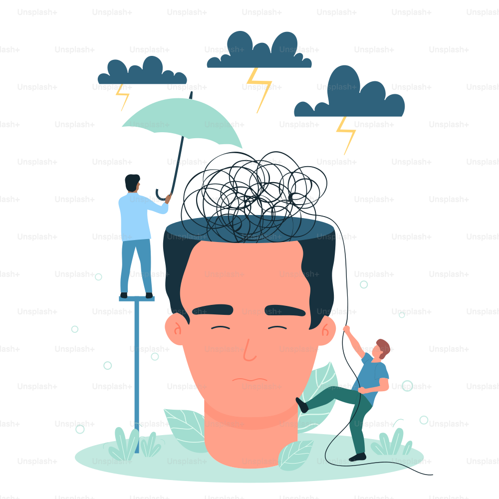 Medical help, therapy and support for people in bad emotional state and crisis. Cartoon tiny doctors with umbrella protect from dark negative mood, unravel tangled thoughts flat vector illustration