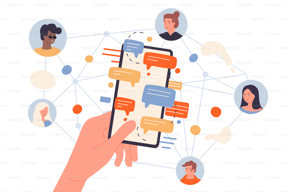 사람들은 친구들과 온라인 커뮤니케이션을 위해 글로벌 네트워크에 연결합니다. 소셜 미디어 채팅 서비스를 사용하는 다양한 고객 팀, SMS 플랫 벡터 일러스트레이션으로 전화를 들고 있는 사람