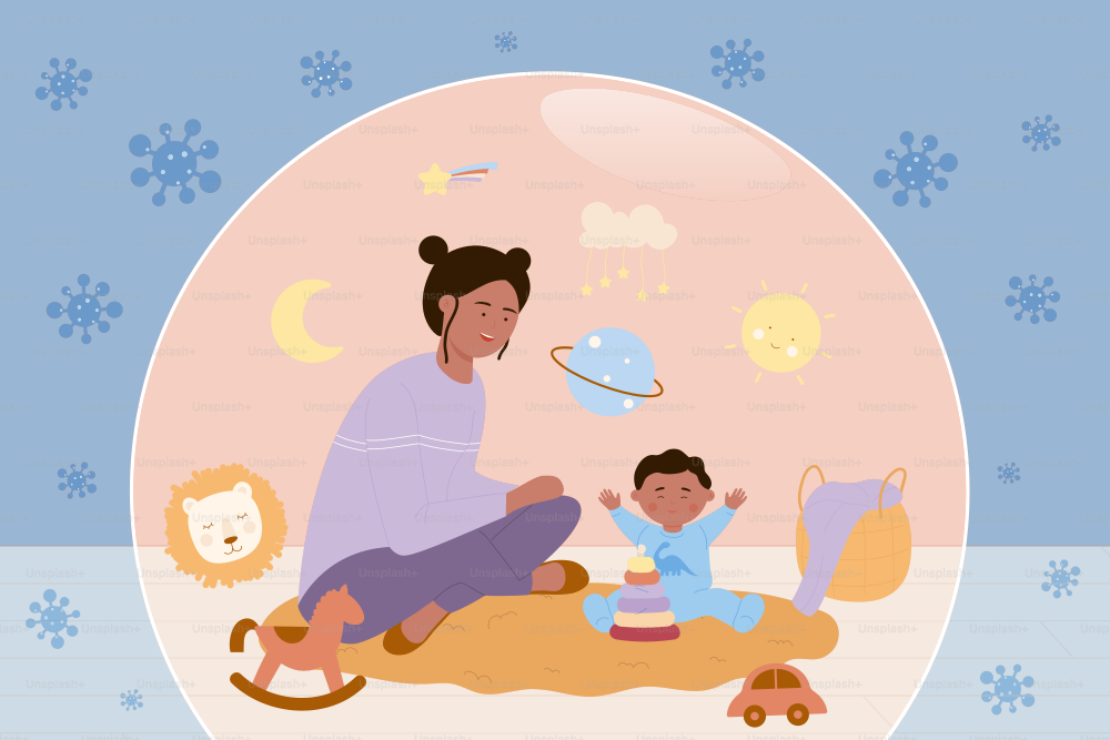 コロナウイルスに対する保護免疫バブルの母親と赤ちゃんのベクターイラスト。漫画のお母さんと子供は、安全シールドの背景にウイルスから健康を守ります。流行、家族介護のコンセプト