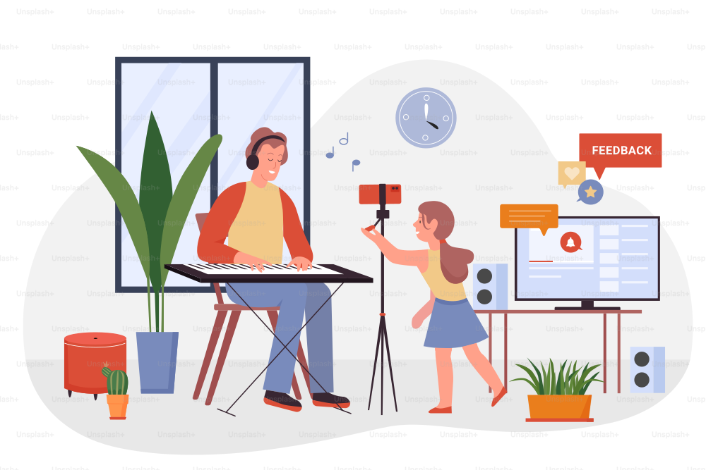 Musician blogger recording musical digital video content on camera in home studio. Talent young creator in headphones playing on piano synthesizer flat vector illustration. Music, multimedia concept