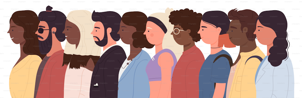 People of different nations and professions stand side by side. Cartoon international team of characters, multiracial and multiracial community flat vector illustration. Awareness, movement concept