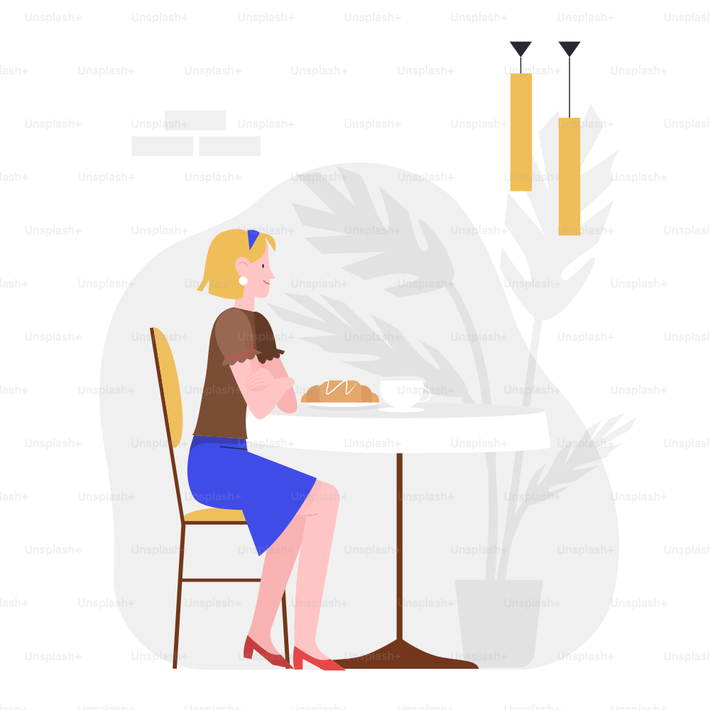 Mujer desayunando en la cafetería. Almuerzo pausa café en cafetiere ilustración aislada