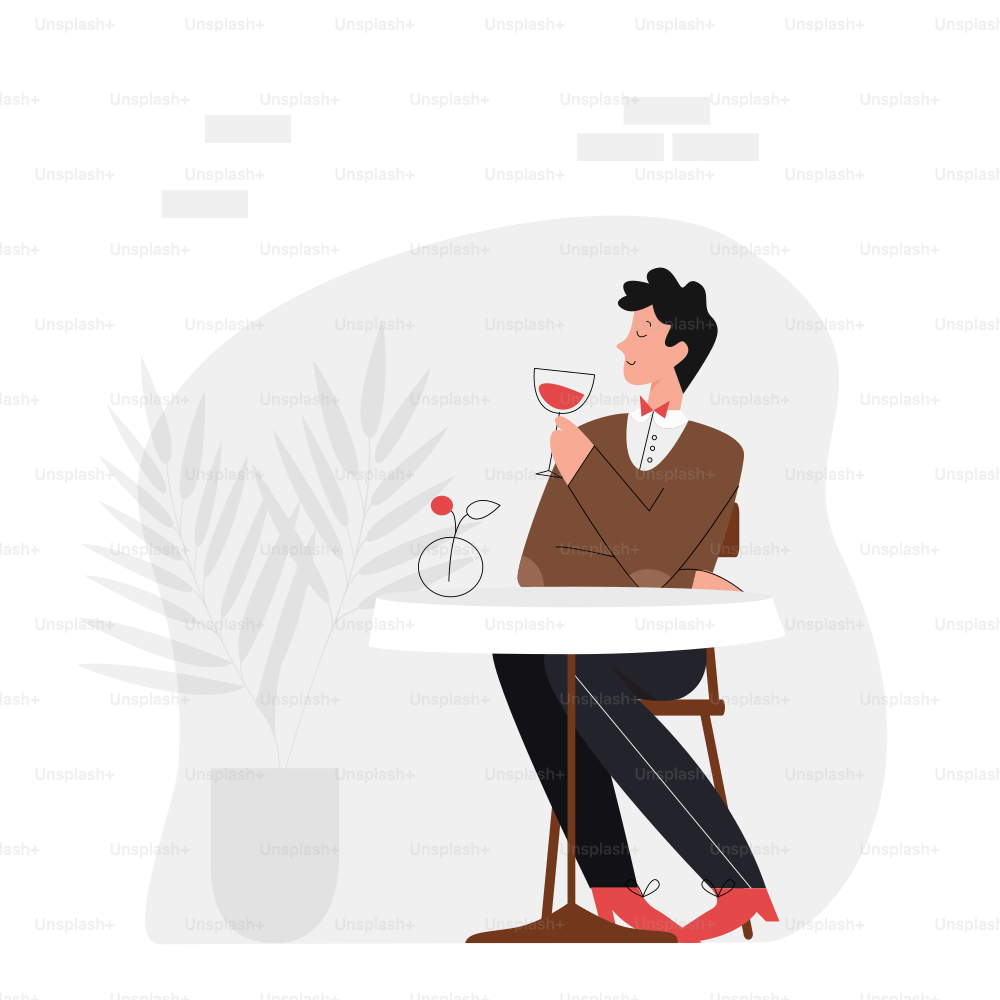 Man drinking wine at the cafe. Beverage serving, menu cafeteria isolated illustration