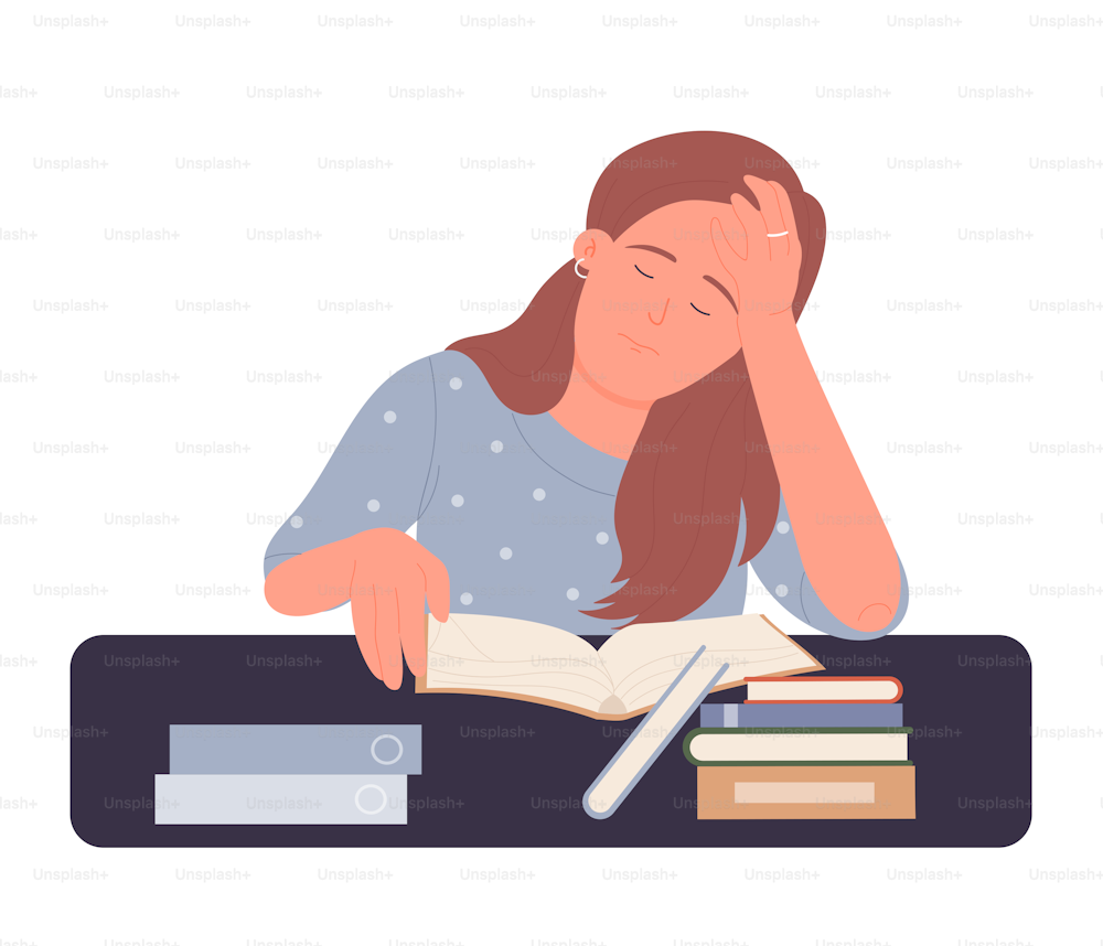 Bored reading female teenager. Exhausted sleepy student studying isolated illustration