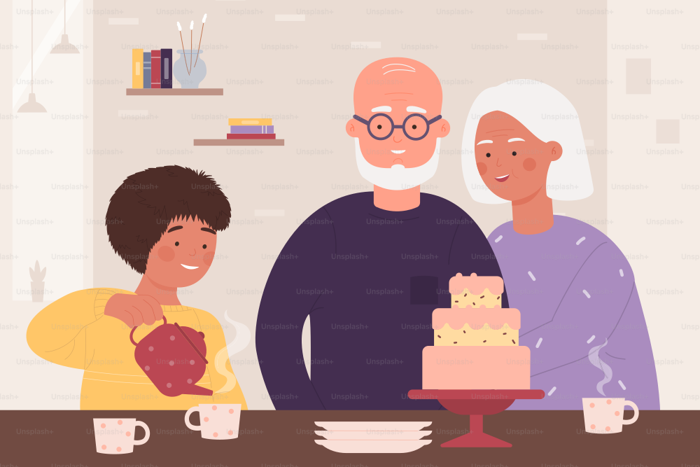 Aged elderly couple and boy dining at home vector illustration. Cartoon grandfather, grandmother and grandson sitting at table, child holding teapot to pour tea background. Family visit concept