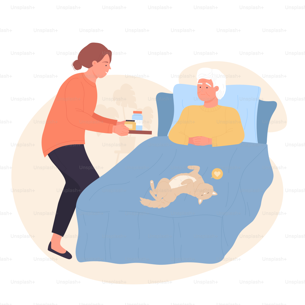 Visit, help and support of volunteer to aged person. Cartoon elderly patient lying in bed, caregiver girl carrying tray of food to old man flat vector illustration. Voluntary, assistance concept