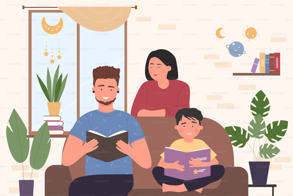 Happy family people reading books, sitting on sofa in cozy home living room vector illustration. Cartoon father and son holding open storybooks, mother standing by couch background. Education concept
