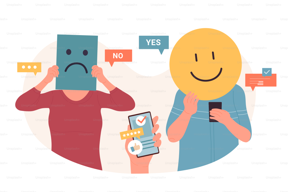 Negative and positive customer feedback. Cartoon community vote, two people holding funny sad angry and happy smiley faces in hand, yes no text flat vector illustration. Satisfaction, network concept
