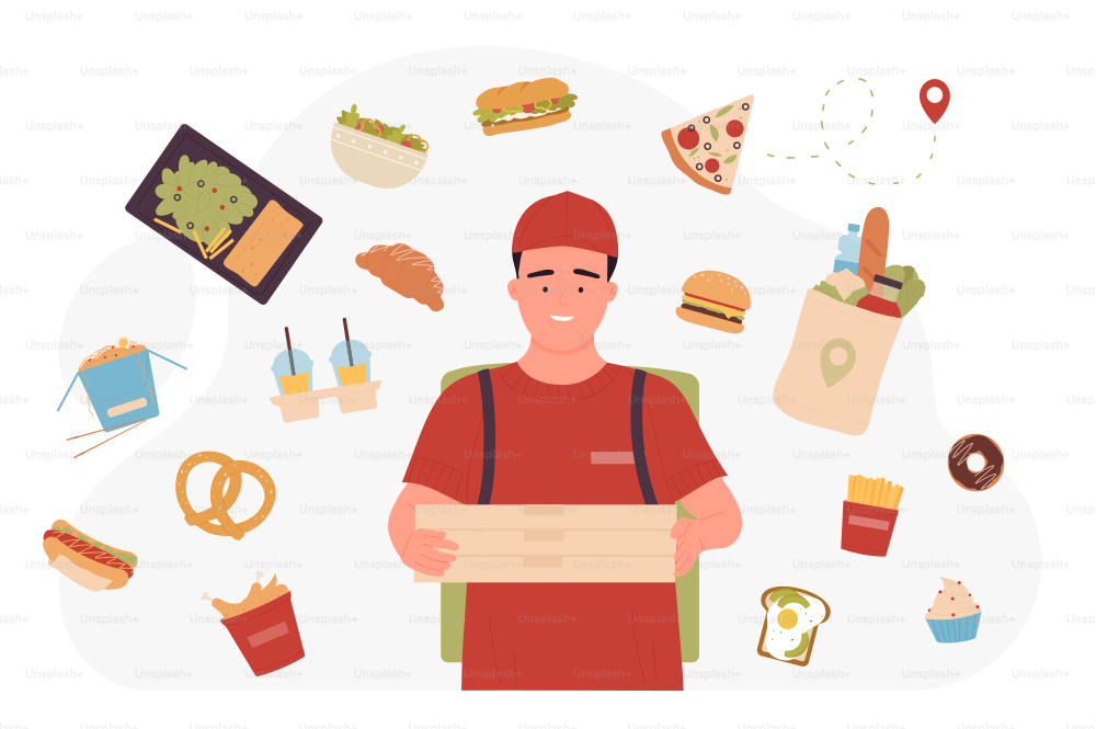 Takeaway order delivery to home with boy courier and fast food objects for lunch or dinner. Cartoon young deliveryman holding pizza boxes flat vector illustration. City catering service concept