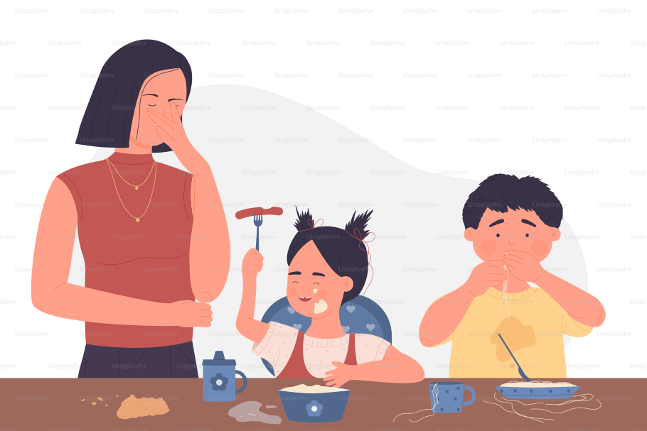 Scene with food mess on family breakfast. Messy children at dinner table cartoon vector illustration