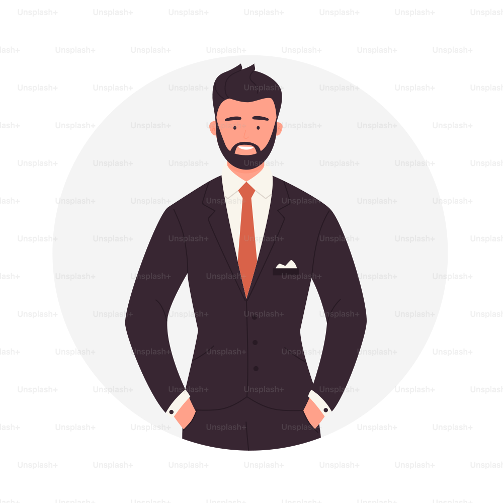 Standing businessman with hands in pockets. Bearded manager in classical suit vector illustration