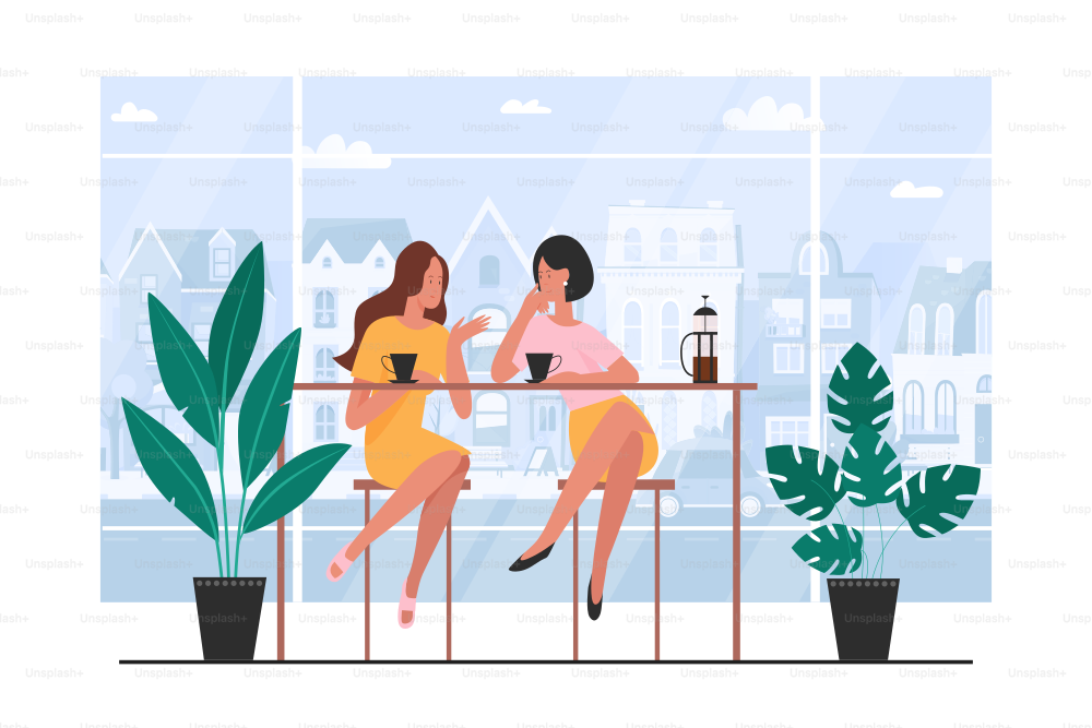 Women gathering for meeting in modern interior of cafe. Happy two young female friends sitting at table and talking, girls drink coffee in coffeehouse flat vector illustration. Conversation concept