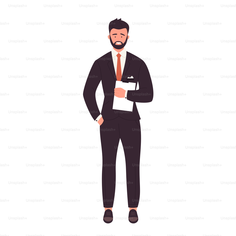 Standing businessman hold clipboard. Manager with hand in pocket vector illustration