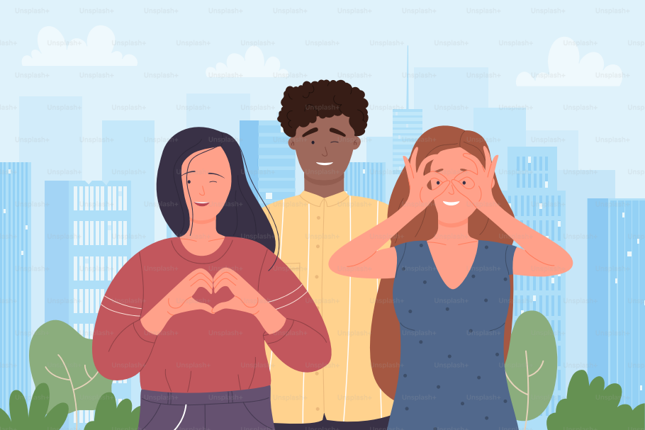 Gruppo di buoni amici che escono insieme. Passeggiata in città e tempo allegro, calorosa amicizia con illustrazione vettoriale