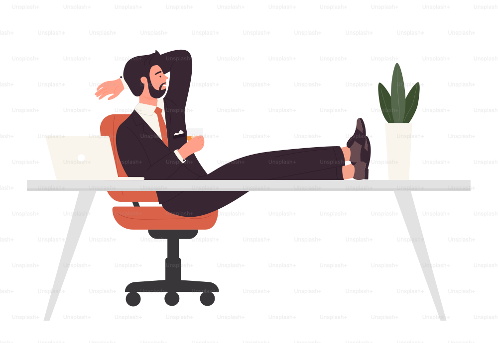 Homme d’affaires en fauteuil et jambes sur le bureau. Gestionnaire relaxant au poste de travail illustration vectorielle
