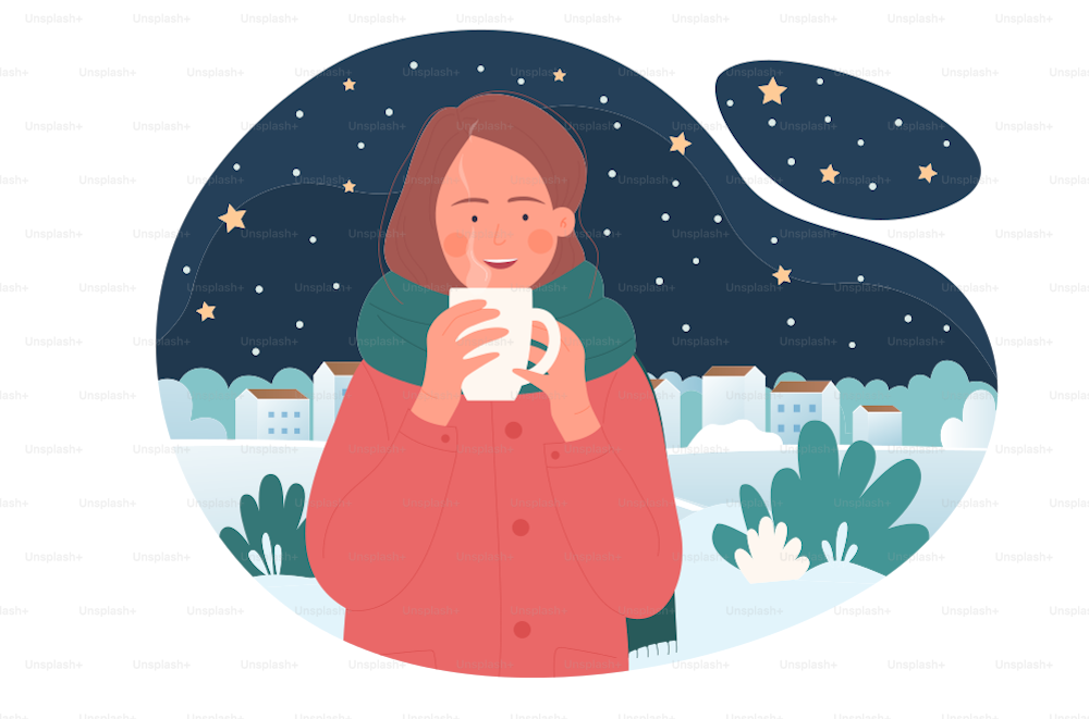 Girl with hot drink at winter cold. Lady holding cup of coffee outside on freezing season cartoon vector illustration