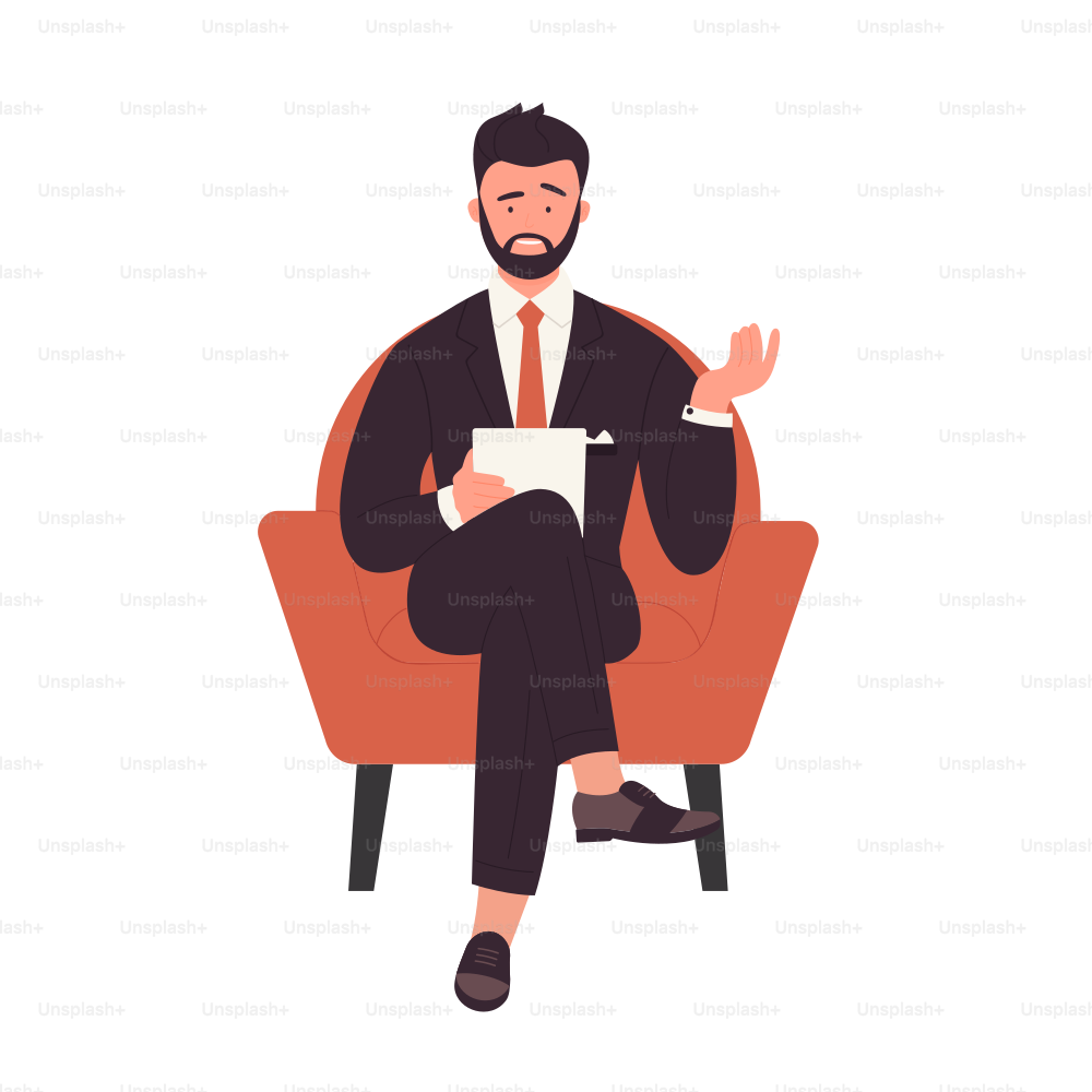 Businessman sitting in armchair. Speaking manager in black suit vector illustration