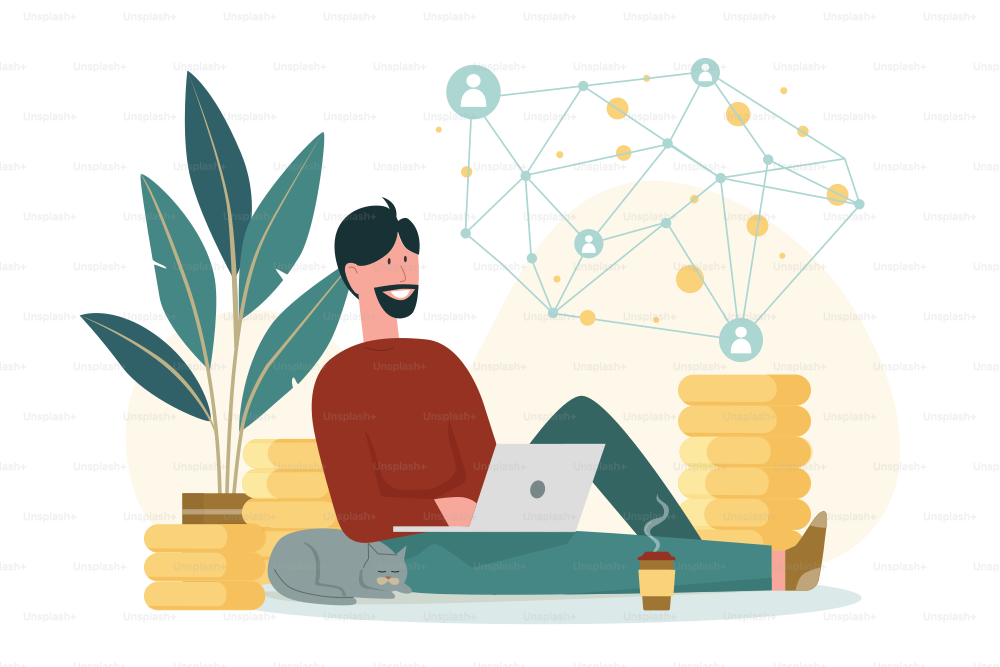 Rich man using laptop to invest gold money coins. Tiny investor analyzing stock market, internet network analysis for investment flat vector illustration. Passive income, freelance, profit concept