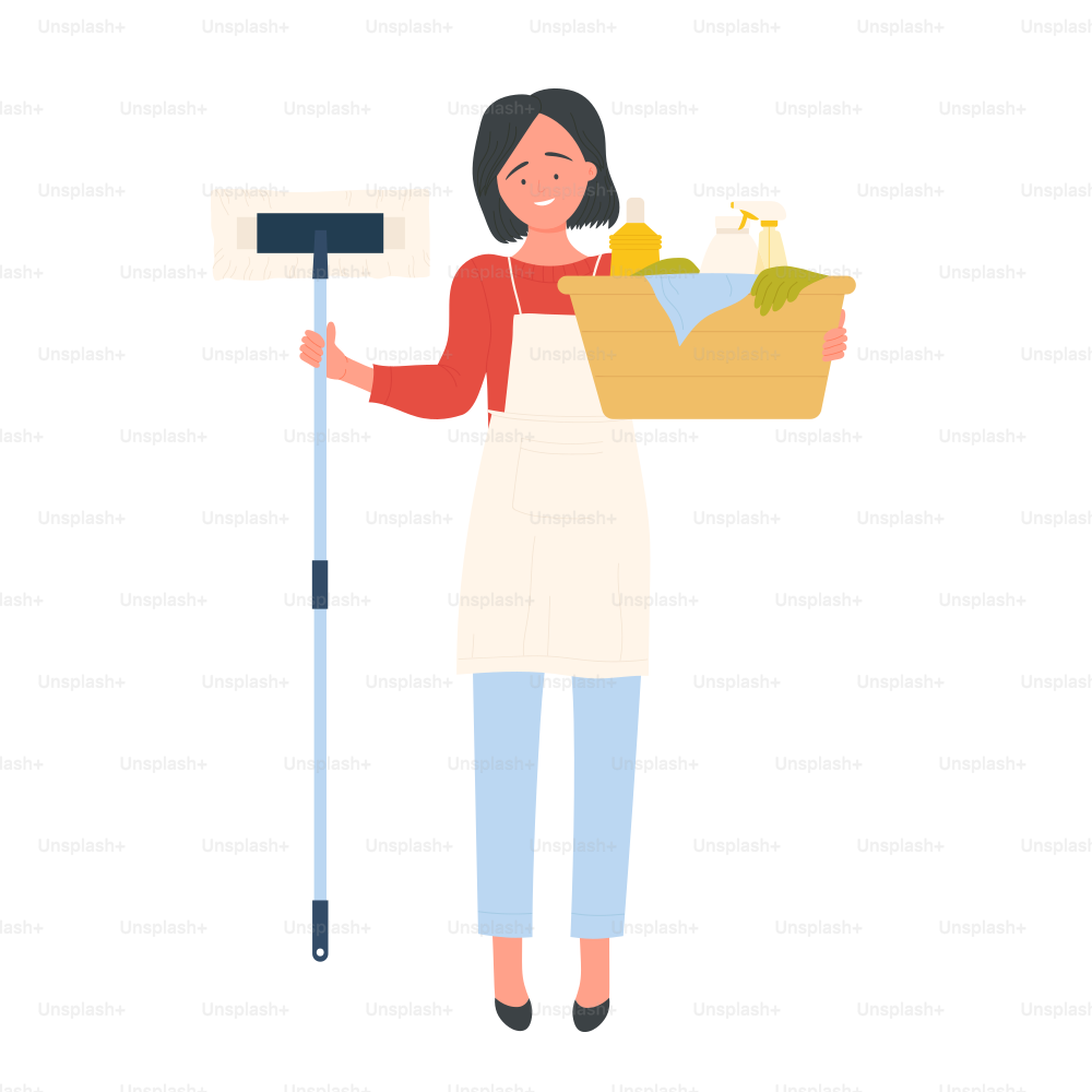 Maid with cleaning and washing kit. Housekeeping service, hygiene detergents vector illustration