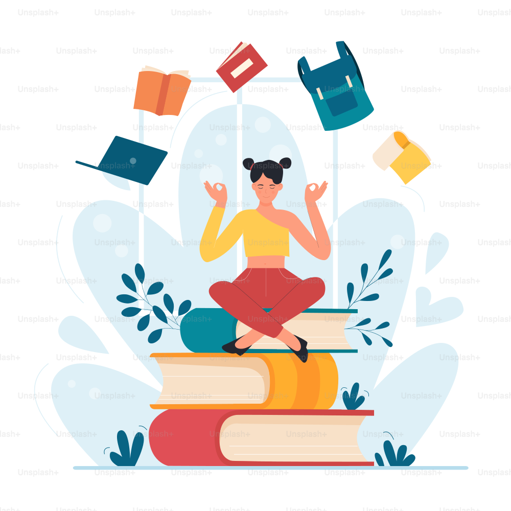 Yoga meditation of student sitting in lotus pose on stack of books. Tiny girl with flying notebook, textbook, laptop and school backpack flat vector illustration. Education, wellness, study concept