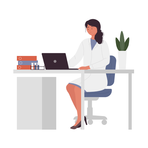 Ärztin sitzt am Krankenhausschreibtisch. Arztpraxisberater, Vektor-Illustration des klinischen Mitarbeiters