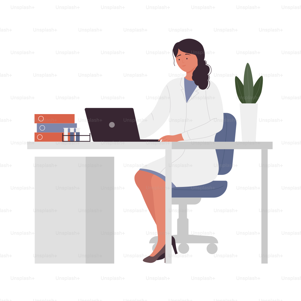 Female doctor sitting at hospital desk. Medical office consultant, clinical worker vector illustration