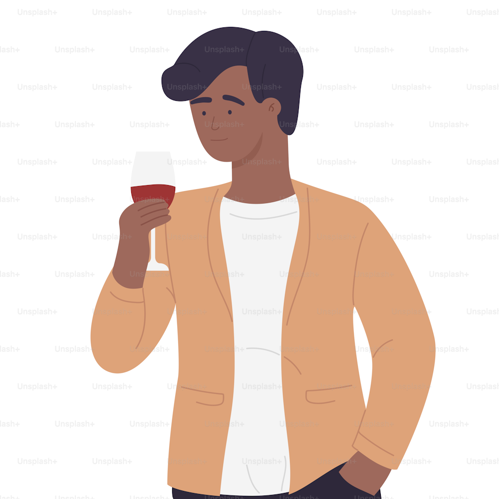 Afro american boy drinking glass of wine. Party beverages, alcohol consumption vector illustration