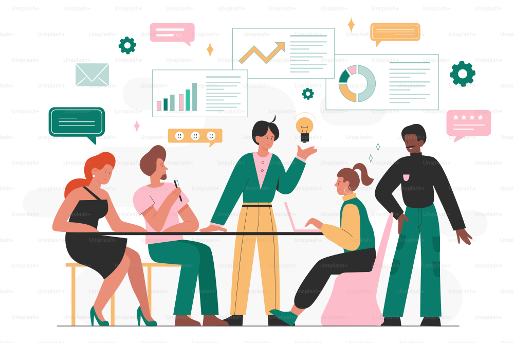Team of business people meeting at table for project management, discussion and cooperation. Employees work with graphs and charts above head flat vector illustration. Entrepreneurship concept