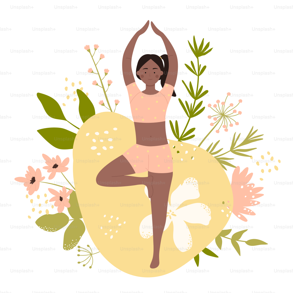 Wellness, yoga training and balance pose of girl. Cartoon tiny young woman doing asanas among summer wild flowers and plants flat vector illustration. Spiritual concentration, meditation concept