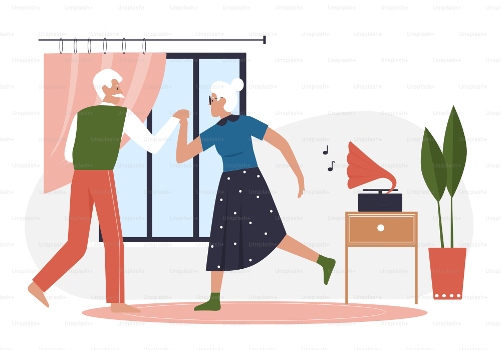 Elderly couple dancing. Seniors people spending funny time together vector illustration