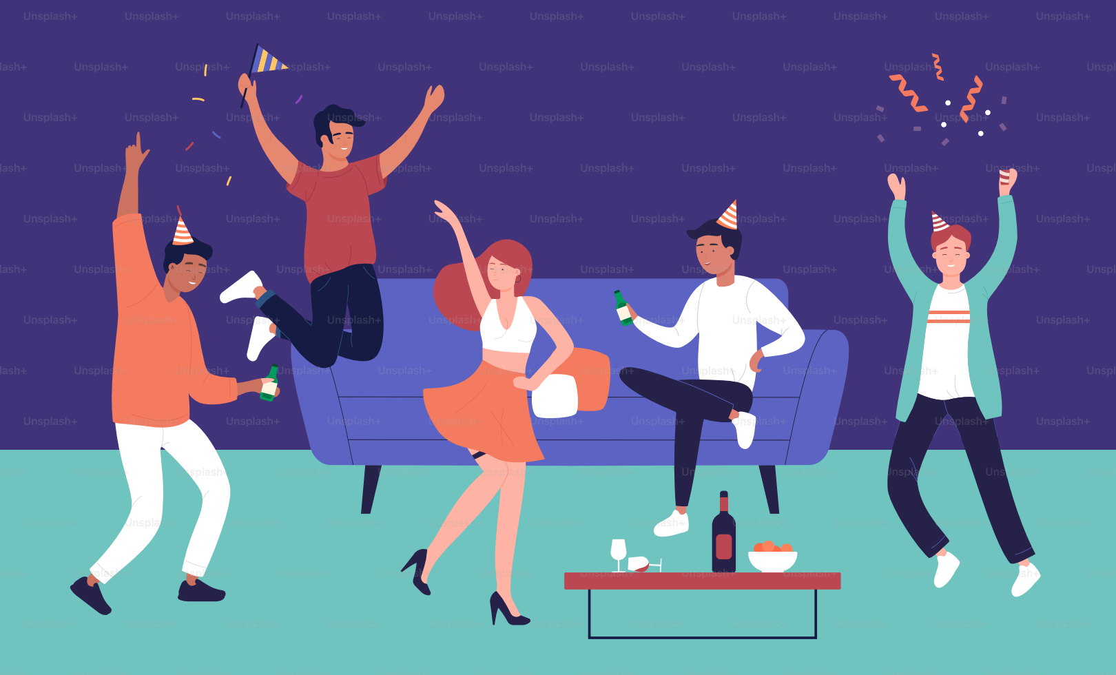 Enterrement de vie de garçon à la maison. Des garçons de dessins animés heureux prennent du temps et tiennent des bouteilles, des femmes sexy dansant sur de la musique, de jeunes danseurs boivent de l’alcool et dansent en illustration vectorielle plate. Anniversaire, concept de célébration