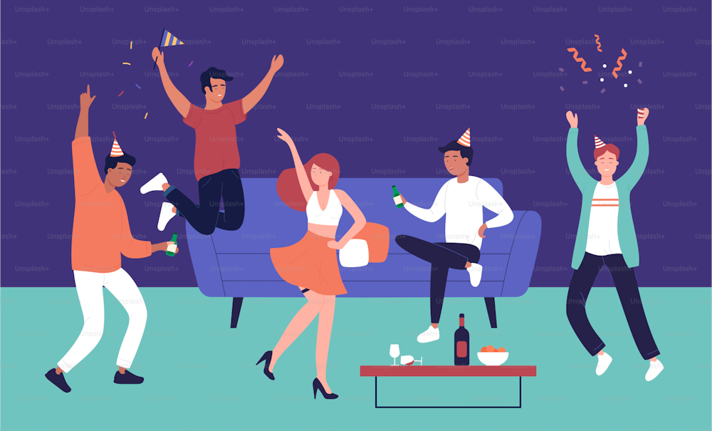 Bachelor party at home. Cartoon happy boys enjoy time and holding bottles, sexy lady dancing to music, young dancers drink alcohol and dance flat vector illustration. Birthday, celebration concept