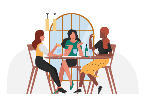 Amiga de grupo de garotas no café. Passando momentos engraçados juntos, ilustração vetorial de amizade feminina