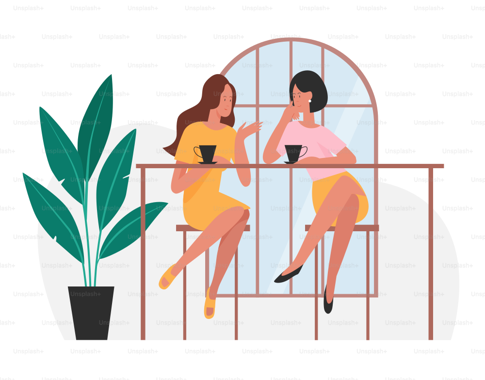 Women friends drinking coffee. Taking break in cafe, friendship meeting vector illustration