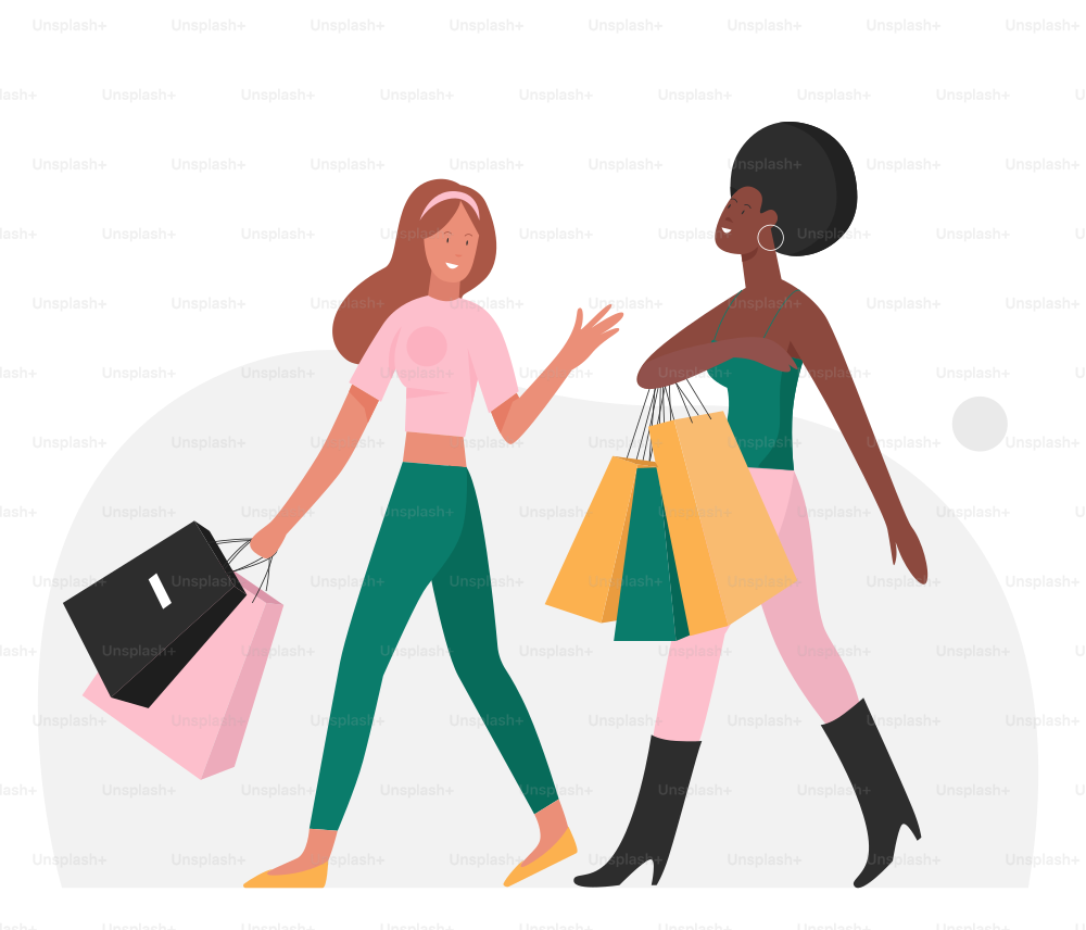 Female friends doing shopping. Close friendship, leisure time together vector illustration