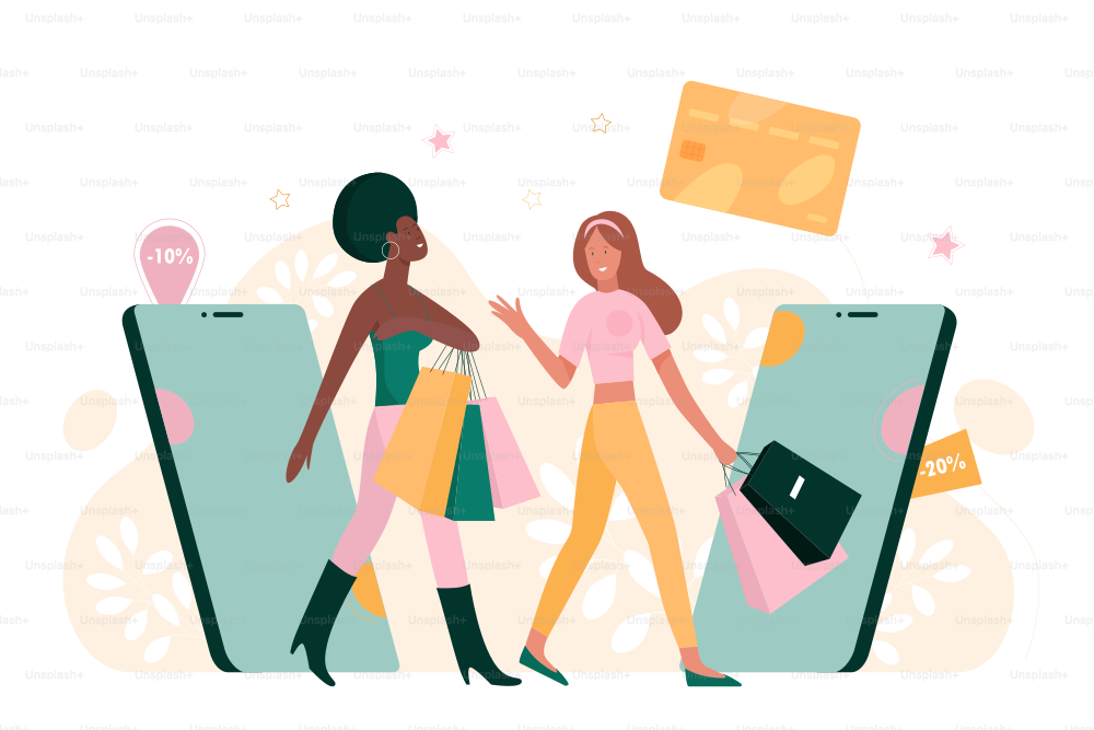 Online shopping for people via mobile phone. Tiny girls customers using application to buy goods with discounts on sales, happy buyers walk with bags flat vector illustration. Ecommerce concept