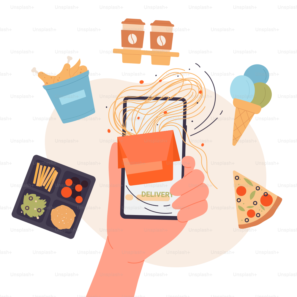 オンラインファーストフードの注文とレストランからの住所配達。モバイルアプリで携帯電話を持つ漫画の手、夕食や昼食の平らなベクターイラストのために持ち帰り用の食事を買う。ケータリングサービスコンセプト