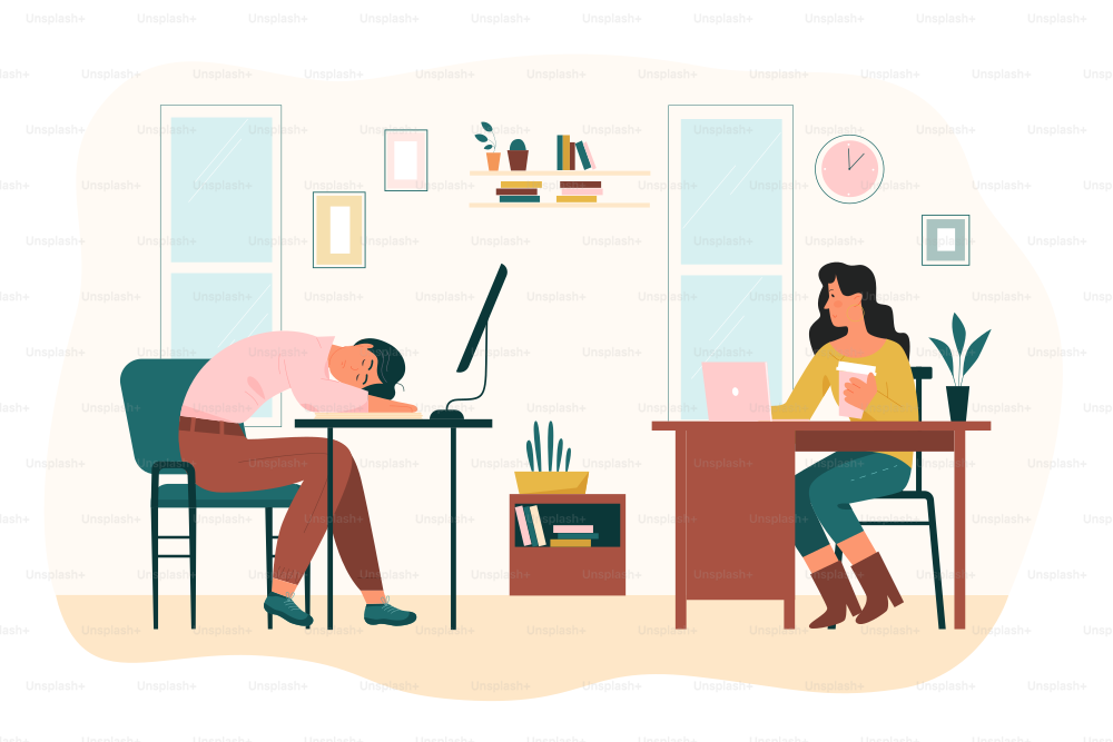 Tired female employee sleeping at workplace. Sleepy girl sitting on chair at computer desk after deadline overwork, colleague drinking coffee flat vector illustration. Burnout syndrome concept