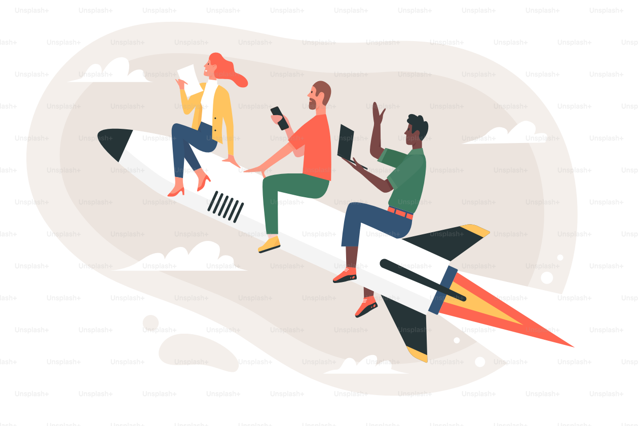 Lancio di startup da parte di un team di imprenditori, lavoro di squadra tra partner commerciali. Le persone dei cartoni animati volano su un razzo, sviluppo di idee per l'illustrazione vettoriale piatta dei dipendenti. Concetto di progresso, missione, successo
