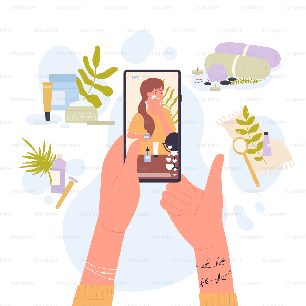Beauty blog, skin care treatment and dermatology in social media. Cartoon young female blogger teaching makeup, girl showing comparison of cosmetic products on screen of phone flat vector illustration