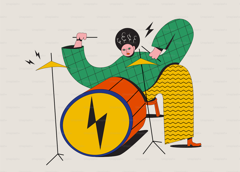 Baterista graciosa ilustración de dibujos animados con personaje tocando la batería. Aislado sobre fondo blanco. Vector eps 10 ilustración